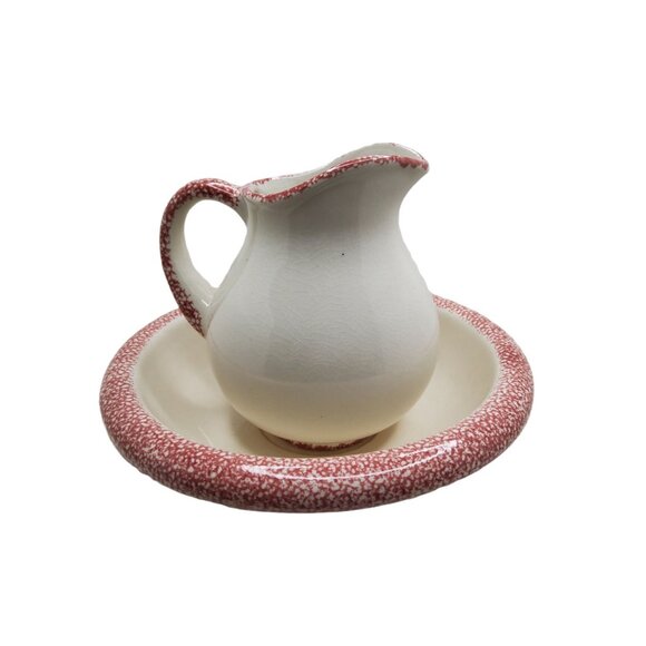 Vintage Wash Basin Bowl and Pitcher with 3D Hand PaintednPink Roses and Sponged - Picture 7 of 7